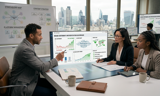 ORM expert presenting brand sentiment analysis to clients