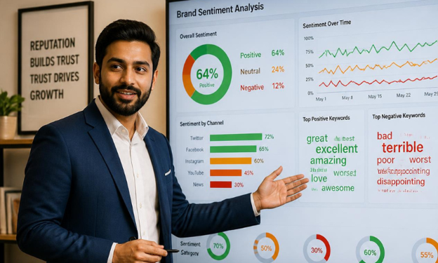 Presenter explaining brand reputation dashboard with positive and negative keyword trends