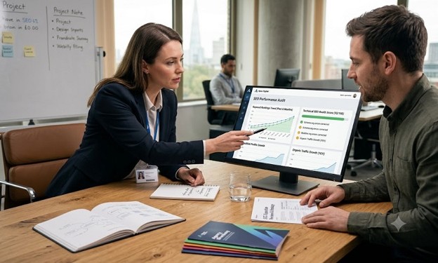 SEO expert reviewing keyword rankings and traffic growth audit with a client